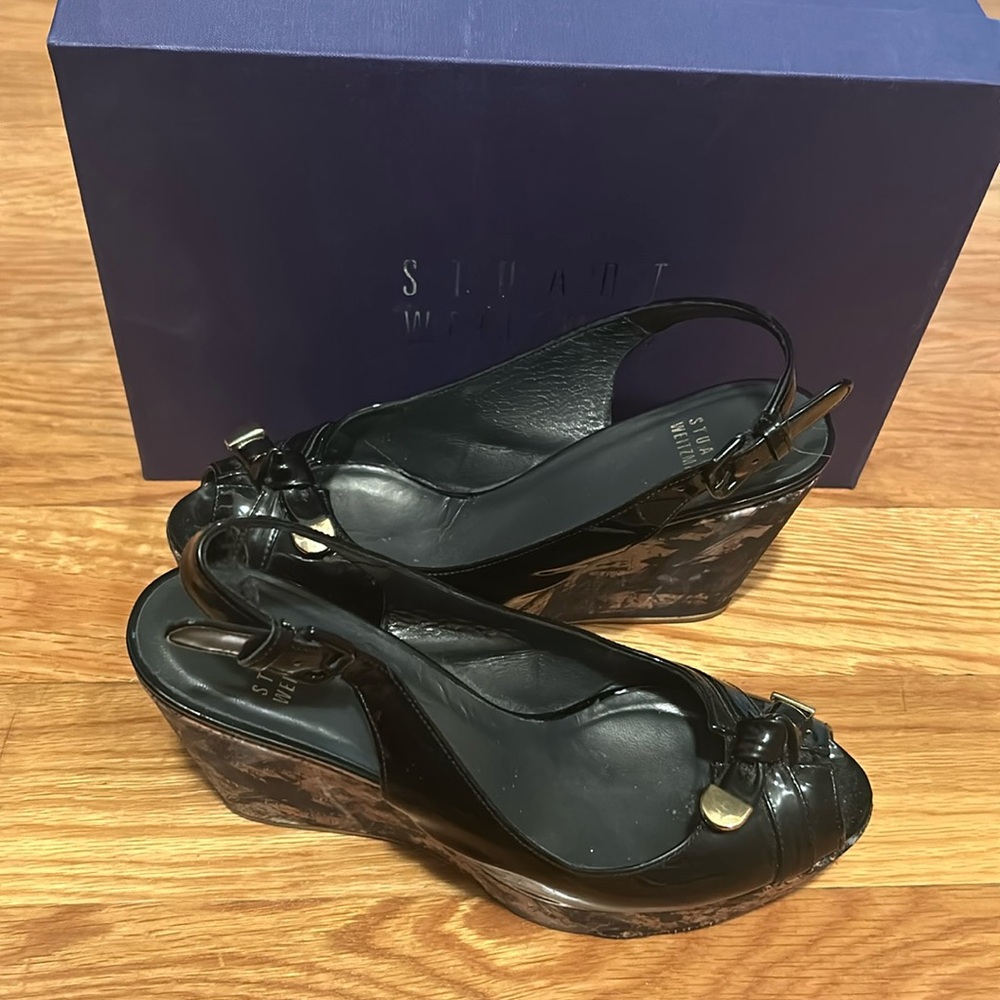 Stuart Weitzman Black Patent Chatter Wedge in 6.5